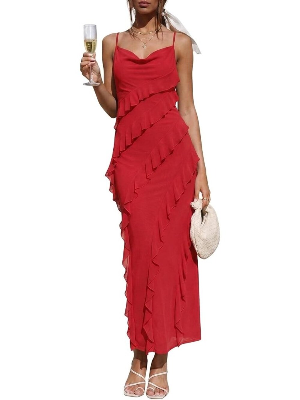 Women's Red Ruffle Spaghetti Strap Formal Bodycon Wedding Guest Maxi Dresses